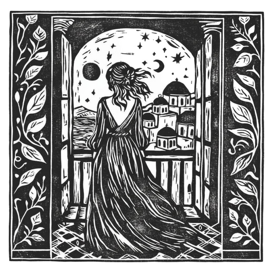 Black and white linocut of a woman in a long dress standing by a window with a Greek cityscape view.