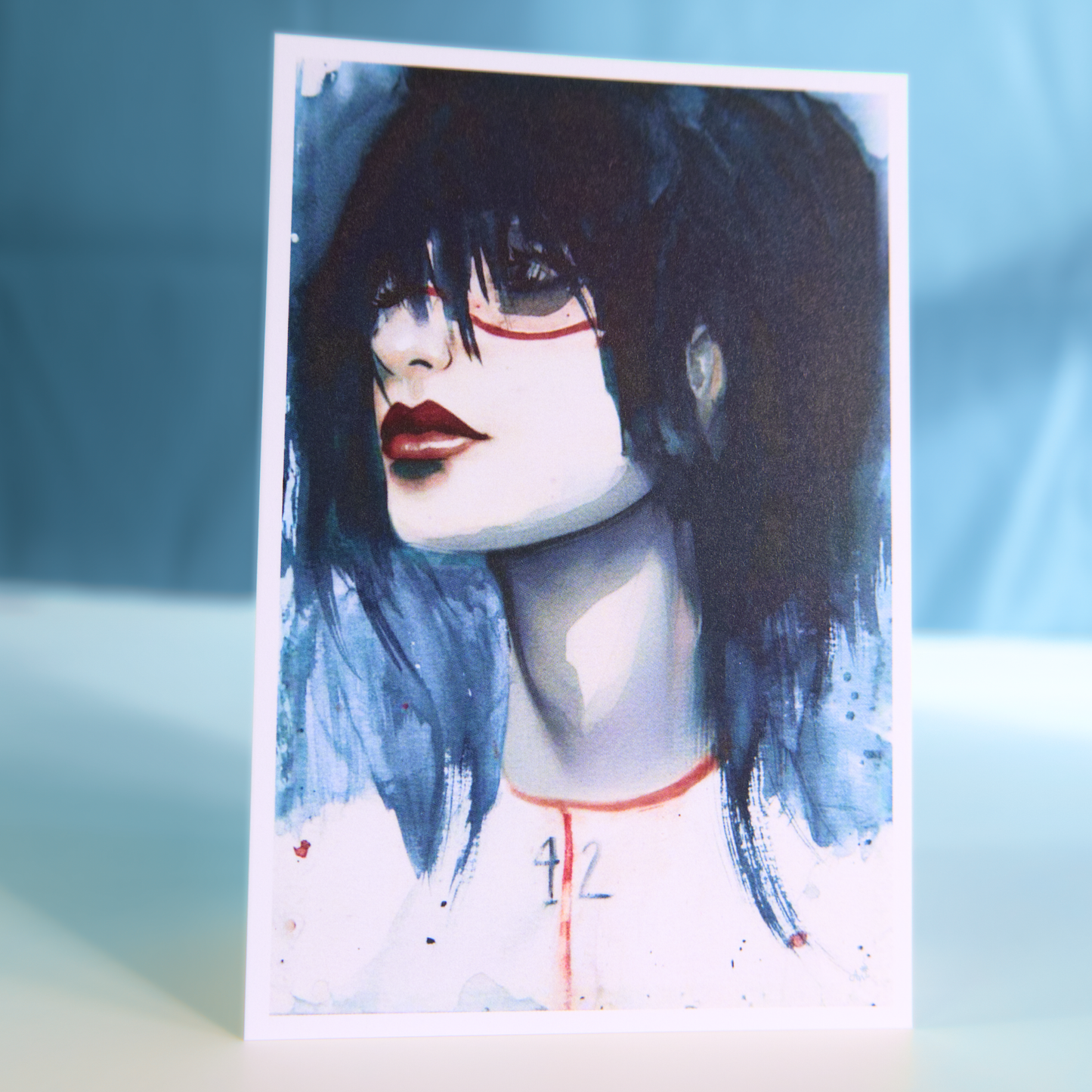 Artistic depiction of a person with dark hair and red lipstick on a light blue background